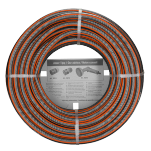 Gardena Premium SuperFLEX garden hose 13mm x 30m with product label showing article numbers and connector recommendations