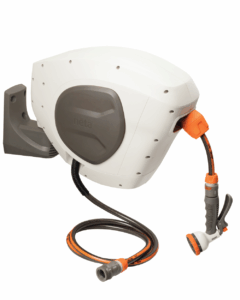 25 meter NETA Retractable Hose Reel mounted on a wall, with hose fully extended